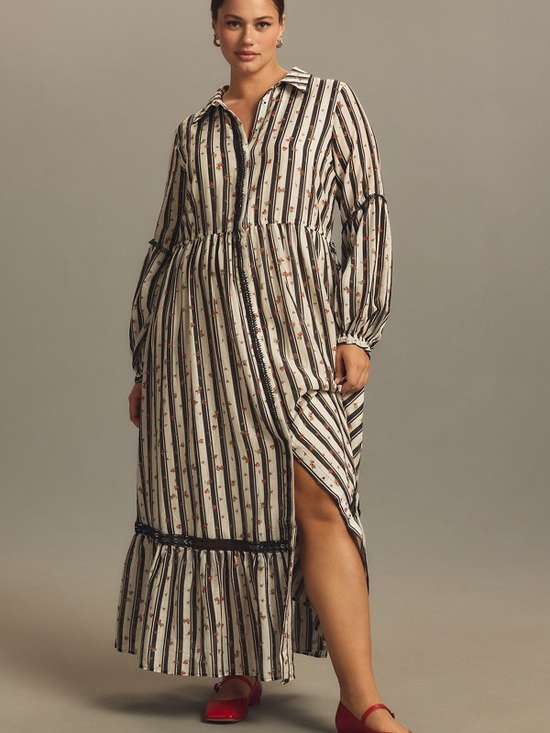 Anthropologie Dresses & Skirts - Anthropologie Cream and Black Striped Floral Maxi Shirt Dress
